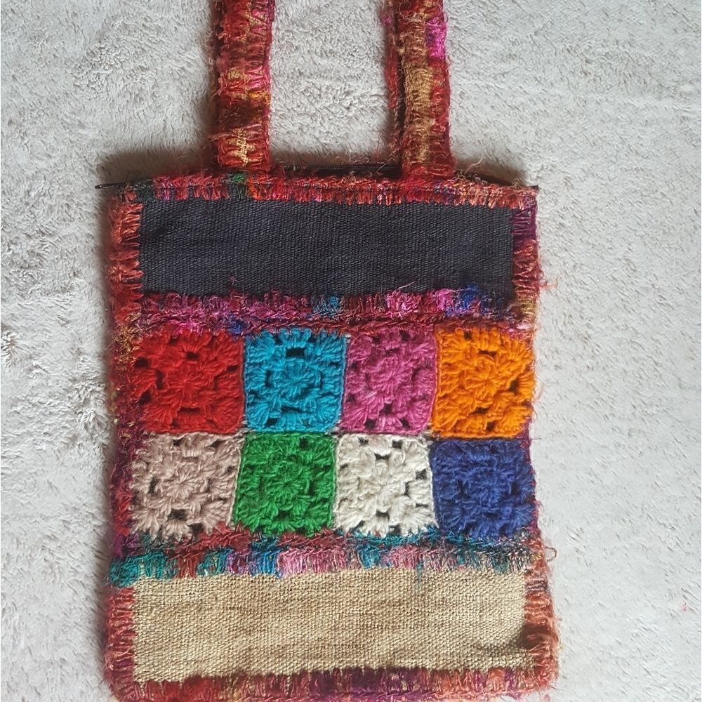 ‎Crochet boho granny square & burlap tote bag